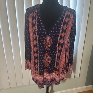 Lucky Brand Navy and Pink Patterned Blouse